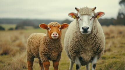 Obraz premium Baby Elephant Calf and Sheep Stand Together in a Field
