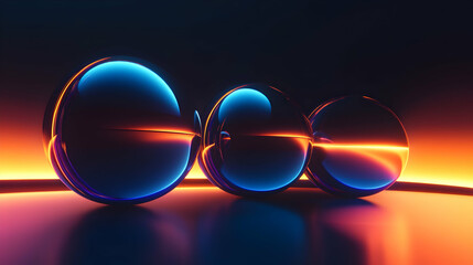 Neon spheres glowing with vibrant blue and orange light reflecting a futuristic energy, creating a mystical and captivating scene in a dark, smooth setting.