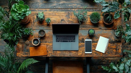 Cozy and modern desk workspace with laptop computer succulents and other greenery decor items arranged in a stylish minimal and productive setup