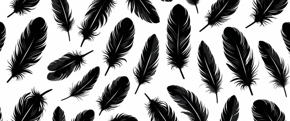Black scattered feather silhouettes vector pattern abstract design illustration background