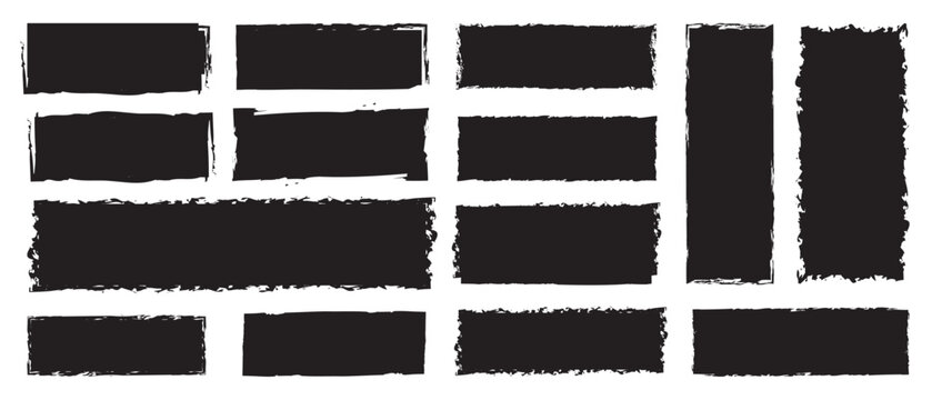 Set of rectangular grunge template backgrounds. Black square shapes with ripped jagged borders on white background. Vintage grunge boxes for collage, text, banner, sticker design.	