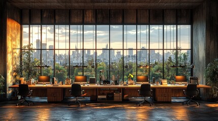 Creative and Modern Workspace with Rustic Furniture and Technology for Productive and Efficient Work Environment in Corporate or Startup Setting