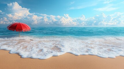 Obraz premium Serene Beachscape: Red Umbrella Under a Summer Sky