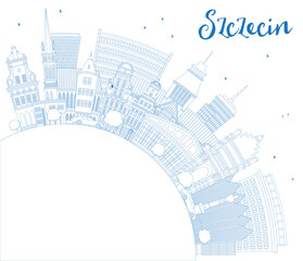 Naklejka premium Outline Szczecin Poland city skyline with blue buildings and copy space. Szczecin cityscape with landmarks. Travel and tourism concept with modern and historic architecture.