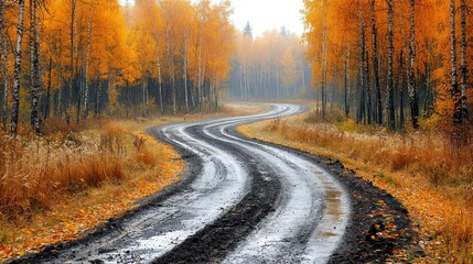 Fototapeta premium Autumnal Road Winding Through Golden Birch Forest