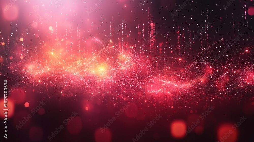 Poster abstract red network visualization: a digital universe of interconnected nodes and glowing particles