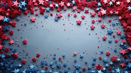 Red and blue glitter stars scattered on textured background