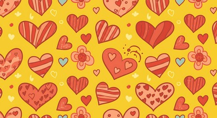 Joyful Hearts Yellow Doodle Pattern Red And Yellow Hand Drawn Heart Design Charming Hearts Floral Yellow Background Happy Hearts Pattern Sunny Yellow Hues Love Hearts Doodle Bright Yellow Texture