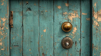 Fototapeta premium Vintage Teal Wooden Door with Antique Doorbell and Hardware