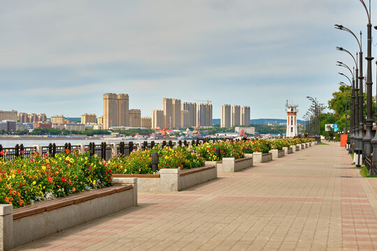 BLAGOVESHCHENSK, Russia, the embankment of the city of Blagoveshchensk in the morning. The Chinese city of Heihe is on the other side of the Amur River.
