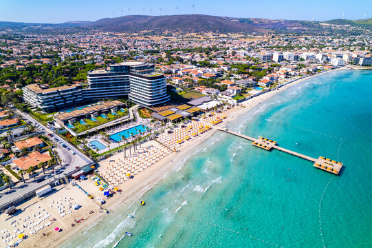 Ilica Beach in Alacati. Cesme District, Izmir, Turkey. Beautiful turquoise sea view in Cesme. Drone shot.