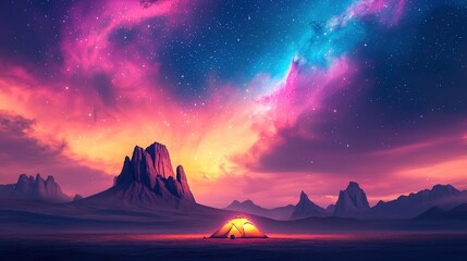A stunning cosmic landscape featuring a glowing tent under a vibrant sky filled with stars and colorful clouds, framed by majestic mountains.