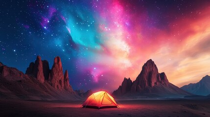 A vibrant night sky filled with stars and colorful clouds illuminates a tent set against towering mountain peaks.