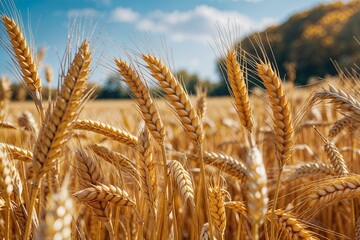 Fototapeta premium Picturesque Rural Landscape with Golden Wheat Fields and Clear Blue Sky Celebrating Harvest Season and Natural Beauty