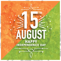 Greeting card design with stylish text 15th August on Ashoka Wheel and grungy national flag colors background for Indian Independence Day celebration