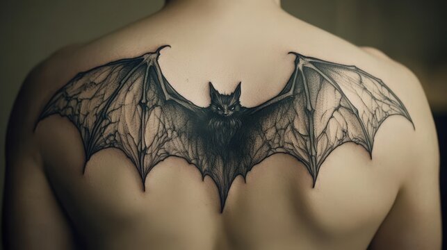 A detailed back view revealing a large bat wing tattoo