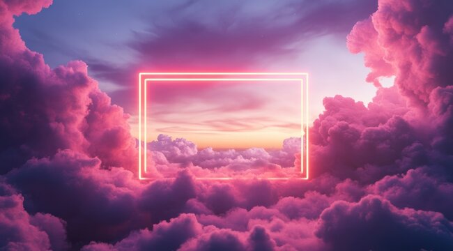Neon frame glowing in a sky surrounded by vibrant fluffy pink clouds