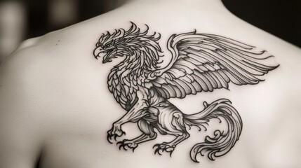 Fototapeta premium A black and white tattoo of a mythical griffin displayed on skin