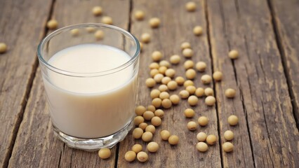 Nourishing Soy Milk Delight: A refreshing glass of creamy soy milk rests invitingly on a rustic wooden surface, surrounded by scattered soybeans, portraying a scene of health and natural goodness.