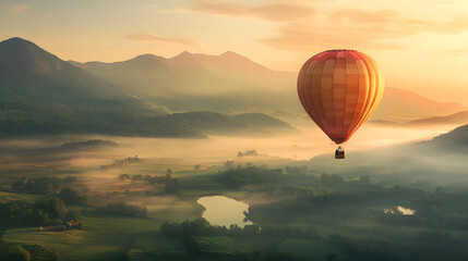 Fototapeta premium hot air balloon floating majestically over a scenic valley during sunrise 