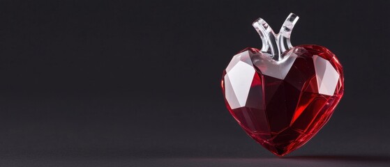 3d rendering of a red crystal apple. the apple is in the shape of a heart and is made up of multiple facets, giving it a shiny and sparkling appearance.