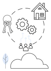 Keys, house, gears, and group of people with upward arrows represent teamwork, real estate, workflow, and innovation. Ideal for housing, teamwork real estate innovation planning sustainability