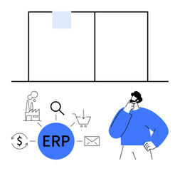 Man thinking near ERP system hub, connected to factory, search, cart, email icons, dollar symbol. Ideal for business, management, software solutions productivity decision-making flat simple