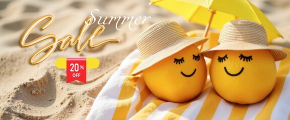 Summer Sale with Smiling Oranges Enjoying the Beach  