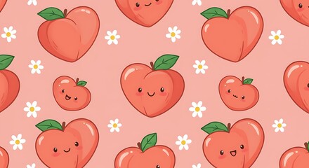 Adorable Heart Peach Seamless Pattern Cute Kawaii Peach Illustration Pink Peachy Pattern Background Sweet Peach Design Repeating Pattern Happy Heart Shaped Peach Wallpaper AI Generated