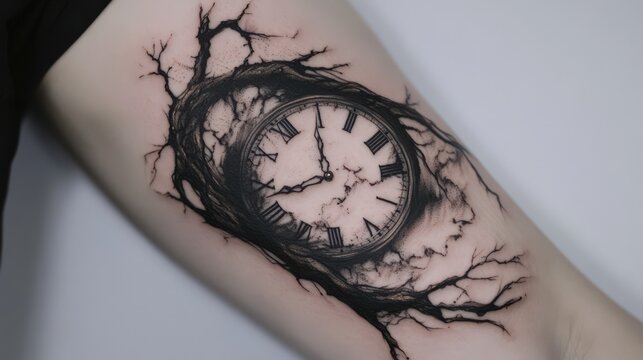 A detailed black and white tattoo of a clock design
