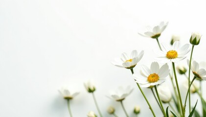 Fototapeta premium Delicate white wildflowers against pure white backdrop, harmony, fresh, bloom