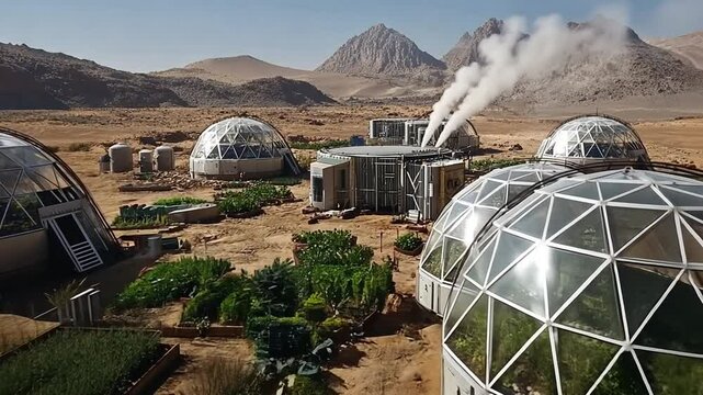 Futuristic colony on mars with biosphere domes, cultivation of vegetables in greenhouses