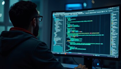 Close up of a cybersecurity analyst monitoring system logs, back view.