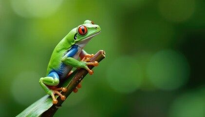 Naklejka premium Green tree frog perched on white, vibrant skin, reptile, green frog, wildlife