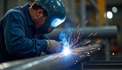 Close up of a pipefitter welding industrial pipes, back view.