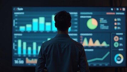 Zoomed in shot of a data scientist presenting insights on a dashboard, back view.