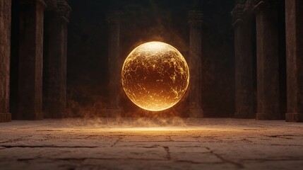 Levitating golden energy sphere pulsing in ancient temple digital art mystical environment dramatic viewpoint