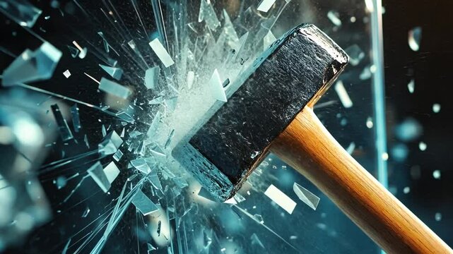 Close-Up of a Sledgehammer Breaking Glass: Symbolism of Destruction and Change