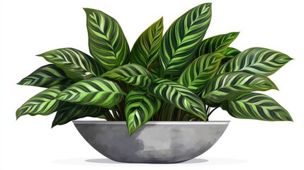 A lush green houseplant potted in a decorative gray ceramic planter
