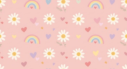 Pastel Dreams Daisies And Rainbows Seamless Pattern AI Generated