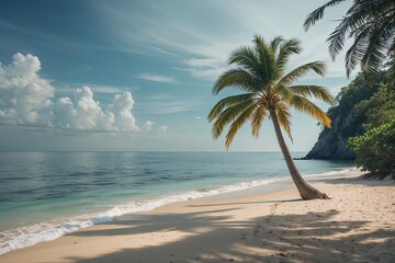 Fototapeta premium Solitary Palm Tree on Sunlit Coastal Beach for Peaceful Seaside Retreat