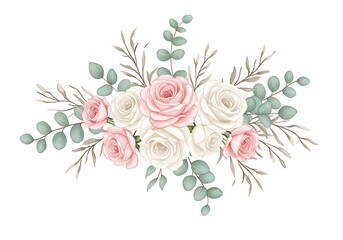 A delicate arrangement of blush pink and creamy white roses nestled amongst eucalyptus leaves, creating a romantic and elegant floral bouquet with soft watercolor textures.
