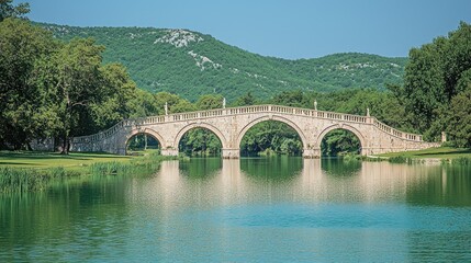 Serene Stone Bridge over Calm Waters, Picturesque Landscape