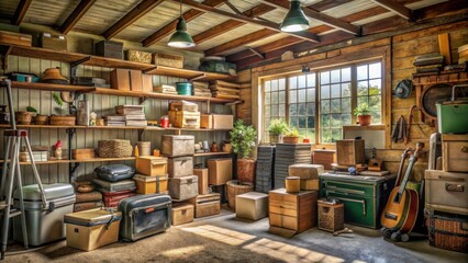 Obraz premium Cozy Garage Filled with Boxes and Organizing Supplies for Storage
