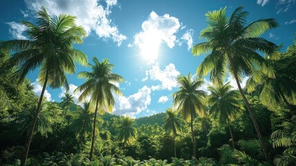 Obraz premium Lush Tropical Paradise: Sun-Drenched Palms and Azure Skies