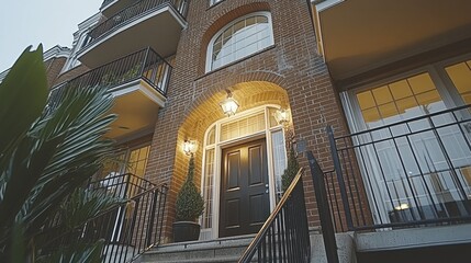 Obraz premium Elegant Brick Townhouse Entrance at Dusk