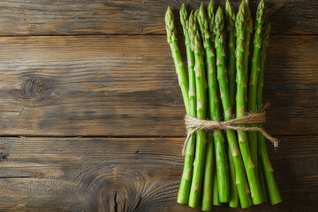Bundle of Asparagus Tied with Twine on Wooden Background