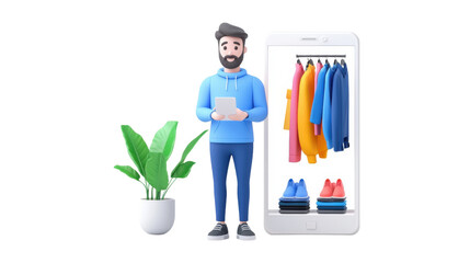 A man in casual attire stands in front of an open wardrobe showcasing a variety of clothing items reflecting his personal style and fashion sense