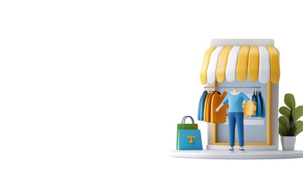 Digital storefront showcasing an online shopping experience with a customer browsing and interacting with products and services offered through an e commerce website