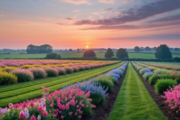 Stunning Rural Landscape with Vibrant Flower Fields and Manicured Hay Under Tranquil Sunset Sky